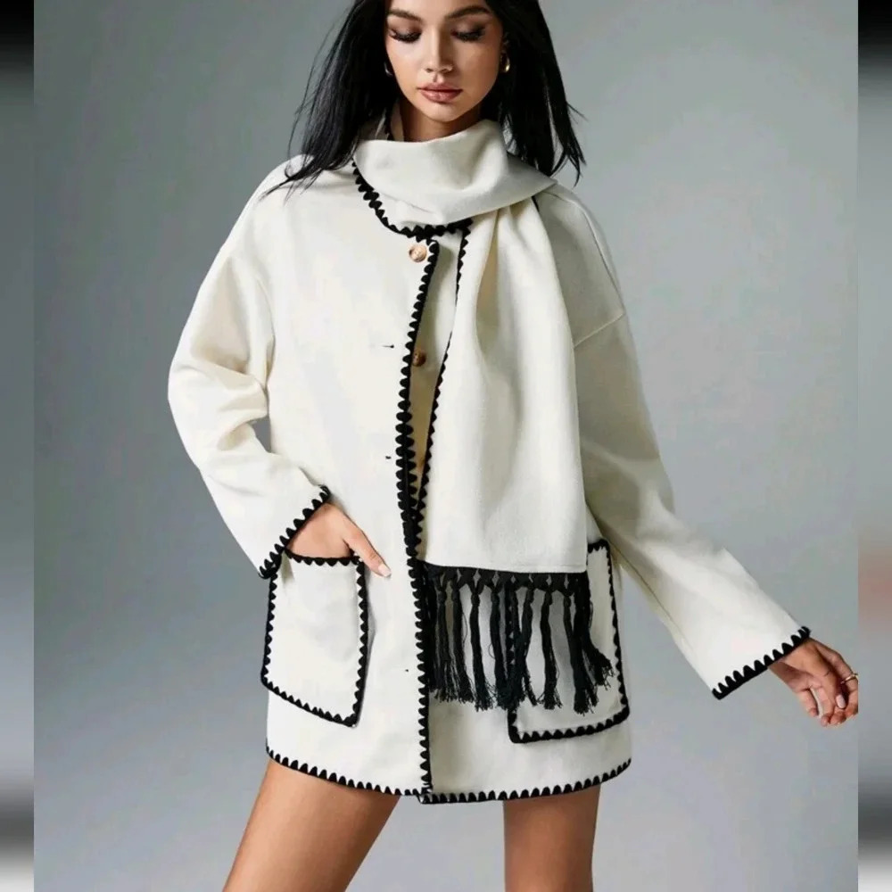 Coat With Scarf Collar, Mid-Length Sweater Coat, - Picture 4 of 6
